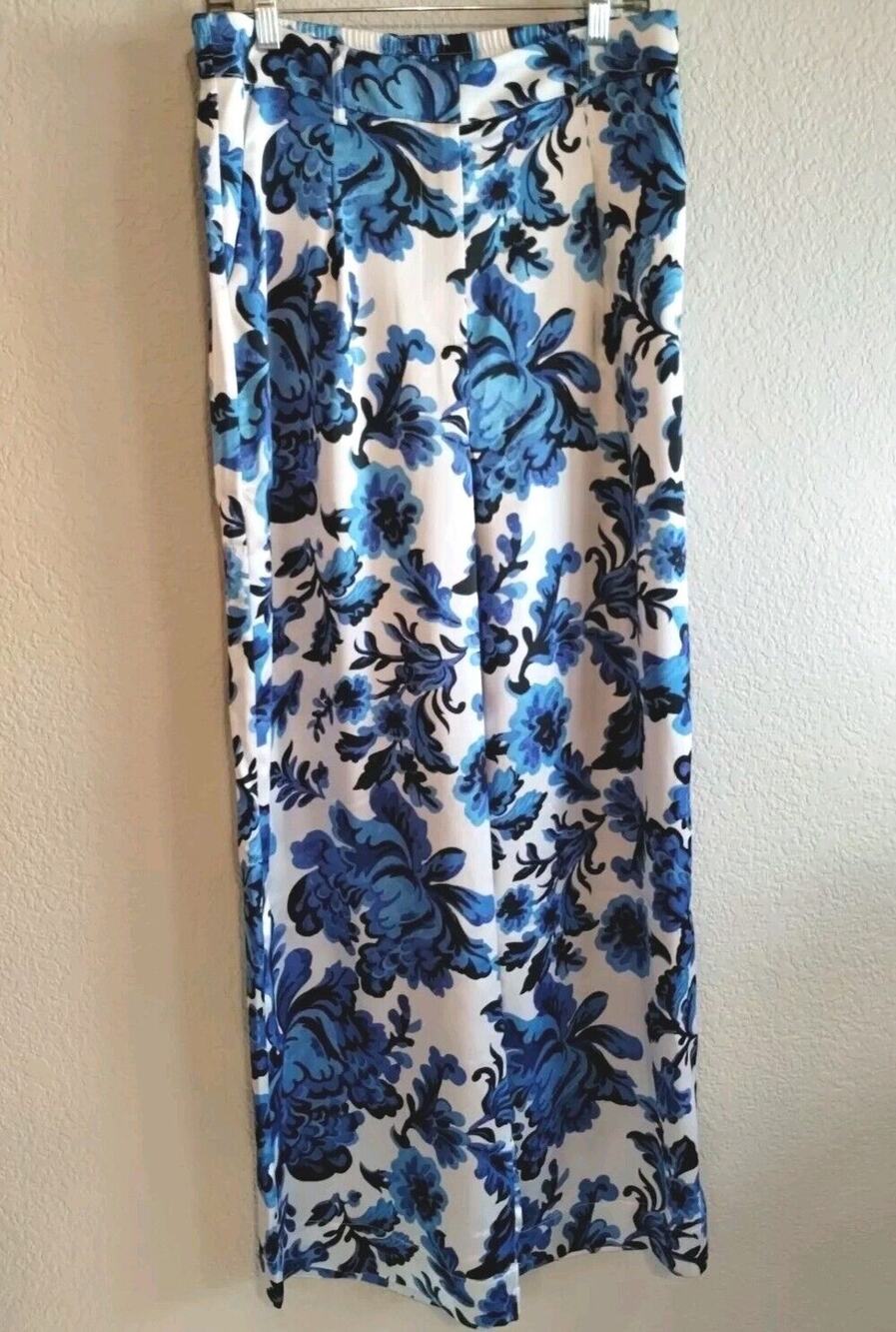 Christian Lacroix Blues & White Bold Floral Wide Leg Satin Pants NEW Medium